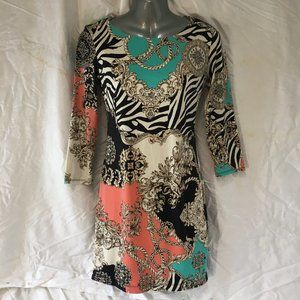 B. Darlin Coral Long Sleeve Lace Scoop Neck Fit Flare Dress Zebra Stretch Sz 5/6